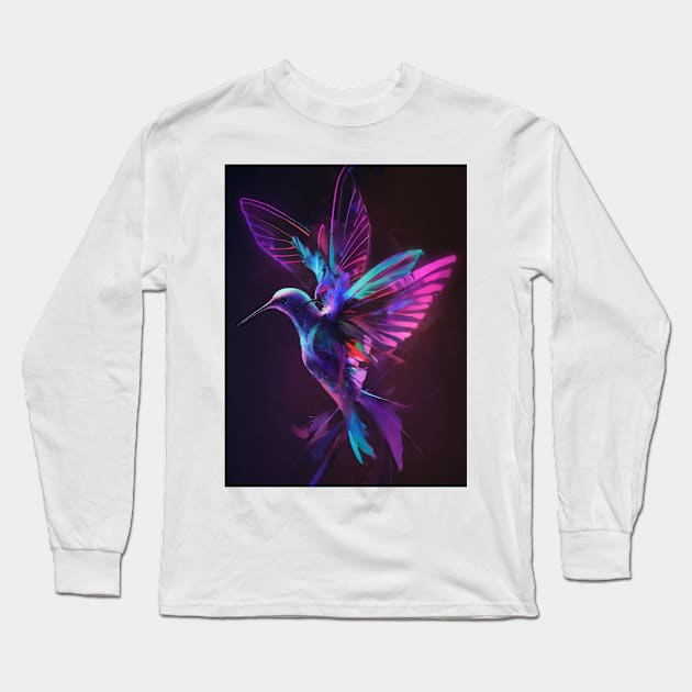 Neon Humming Bird art Long Sleeve T-Shirt by Spaceboyishere